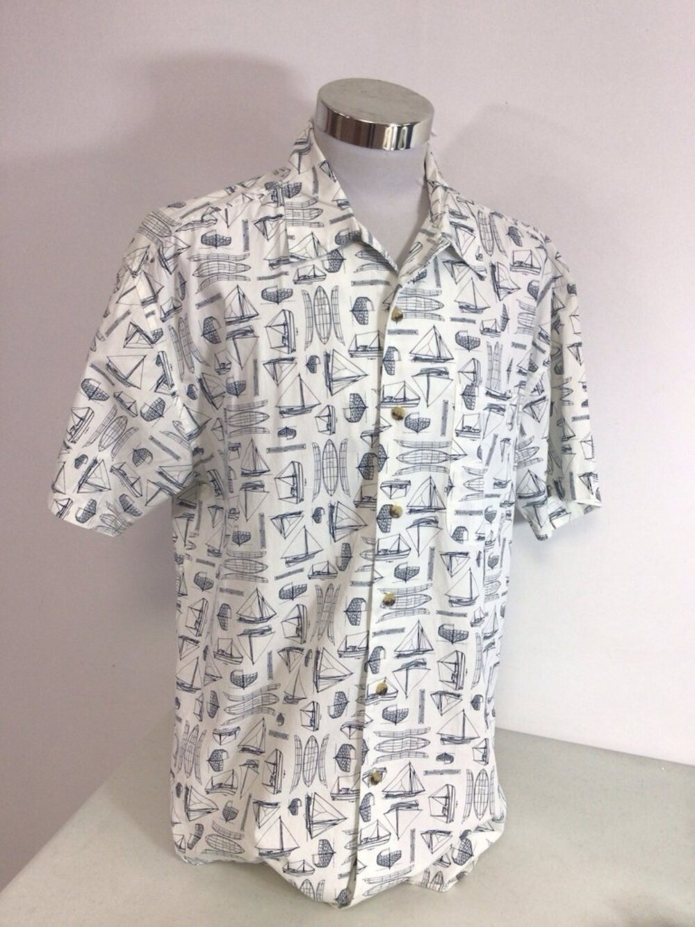 Vintage Regatta Sailboat Print Shirt 90s Nautical Button Up Short Sleeve Mens L